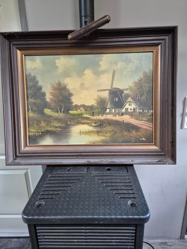 Schilderij Molenlandschap gesigneerd v. Ast, Antiek en Kunst, Kunst | Schilderijen | Klassiek, Ophalen of Verzenden
