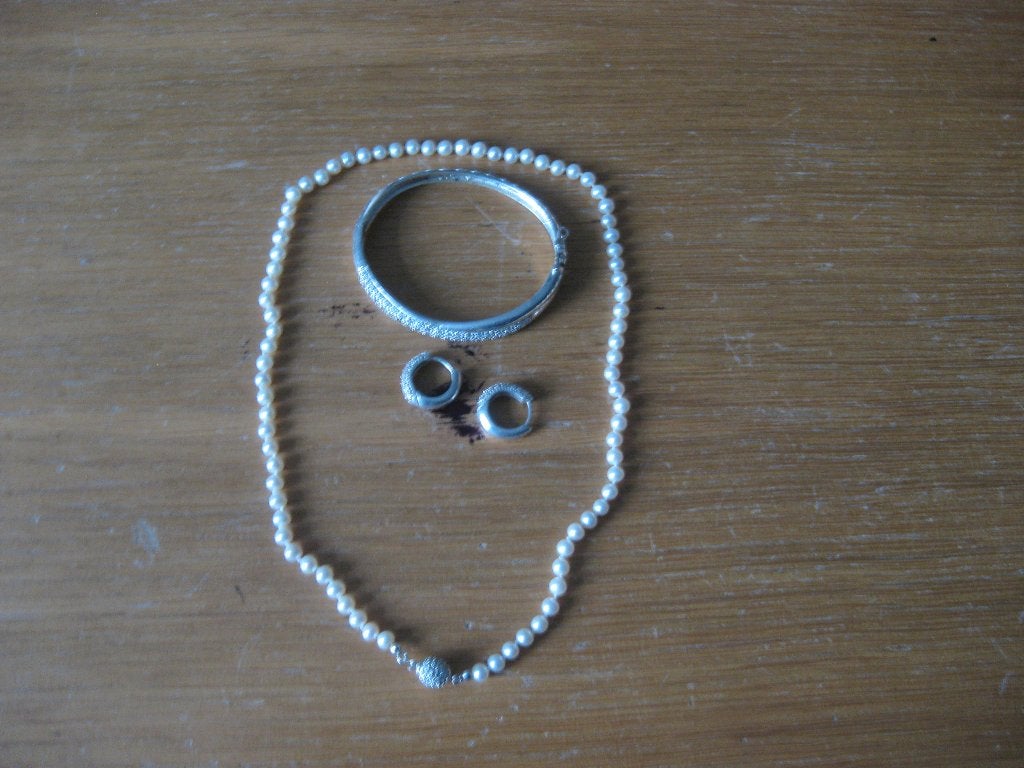 Zilveren setje Ketting, slavenarmband en creolen ( 925 ), Met edelsteen, Ophalen of Verzenden, Zo goed als nieuw, Zilver