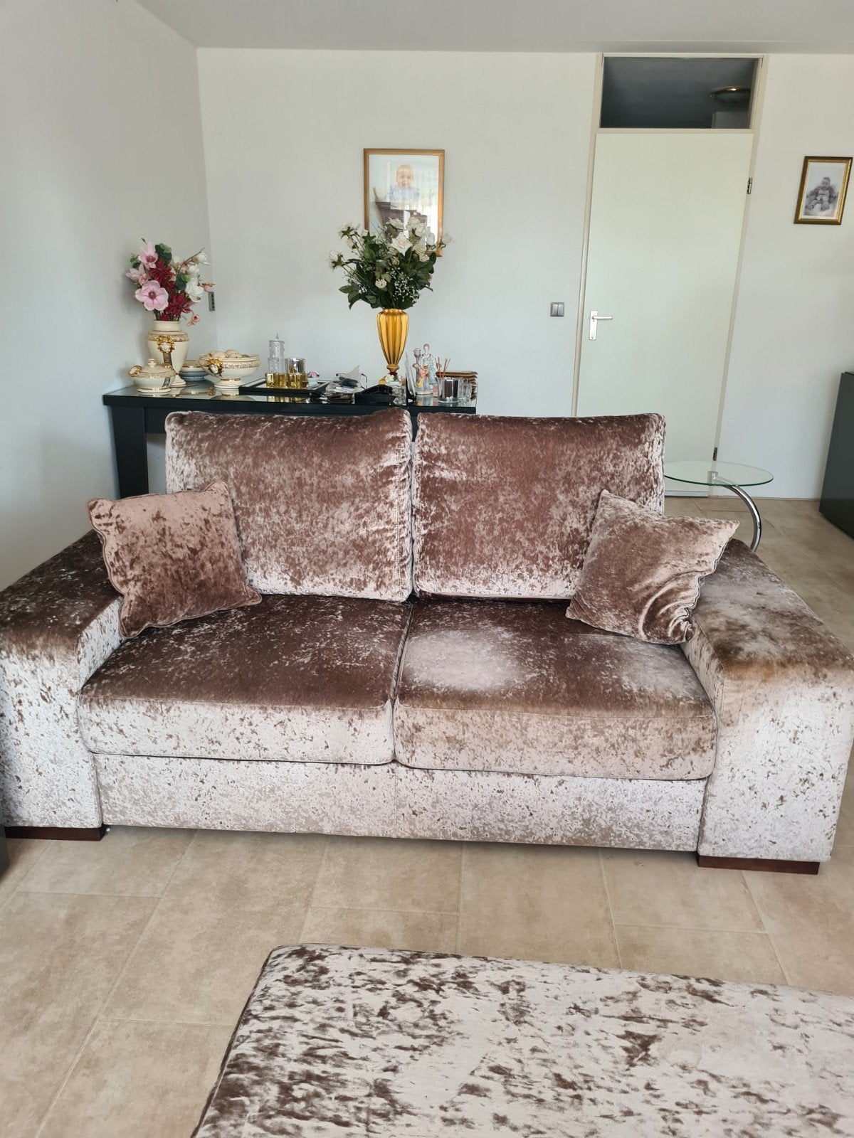 Velvet bankstel met poef, Ophalen of Verzenden, Gebruikt