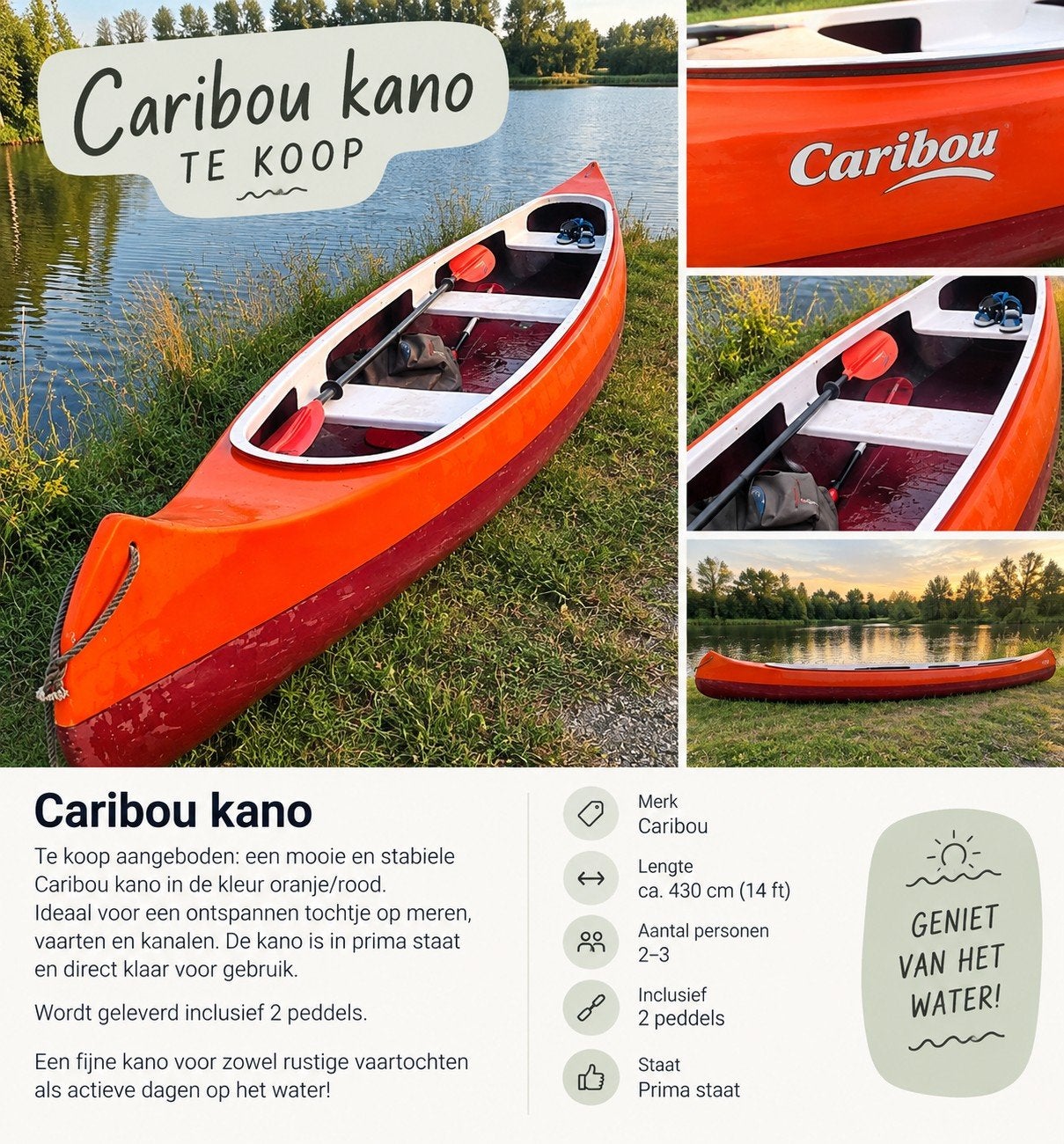 Caribou kano, Watersport en Boten, Ophalen, Gebruikt, Canadese kano of Open kano, Met peddels