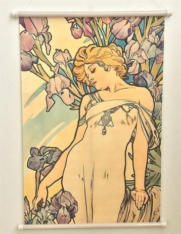 Poster met hanger ALPHONSE MUCHA Jugendstil Bloemen, Ophalen of Verzenden