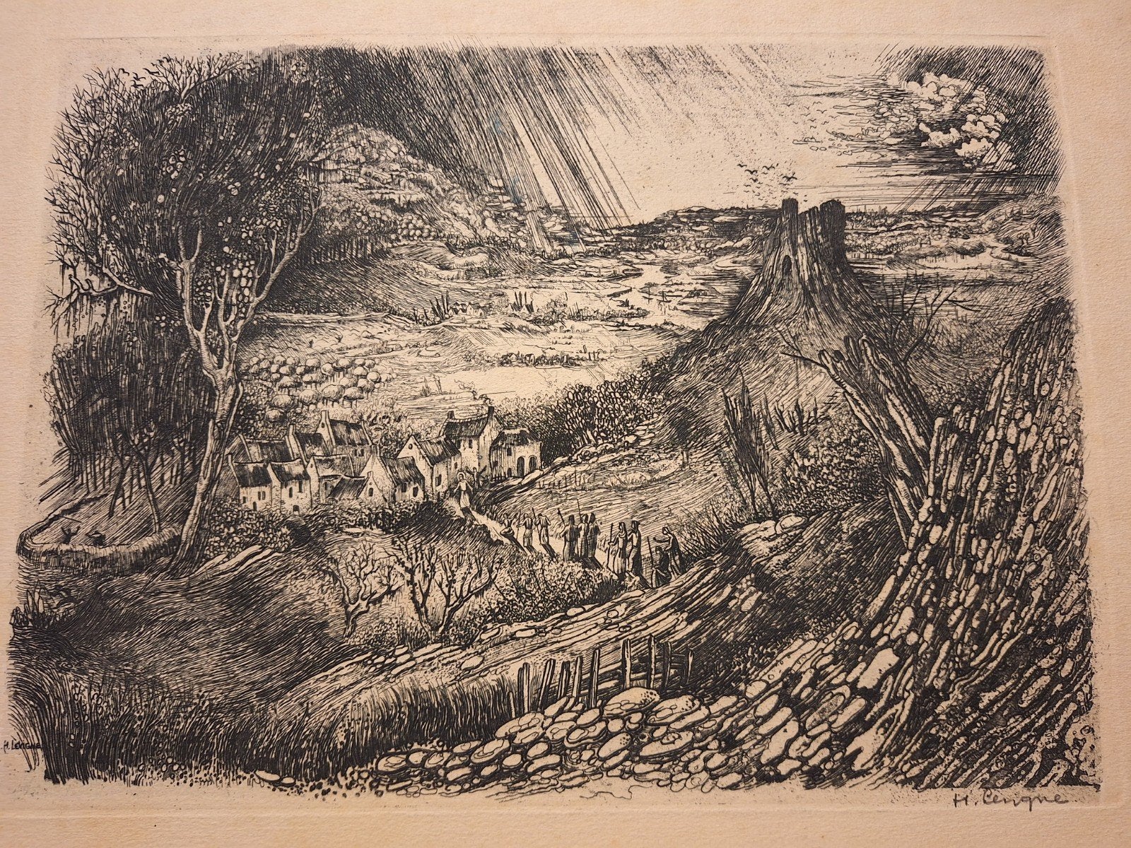 Ets van H. Levigne - Landschap huizen en bomen, Ophalen of Verzenden