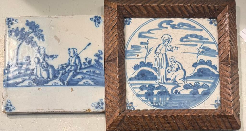 2 antieke tegels Delft Bijbelse Christelijke voorstellingen, Antiek en Kunst, Antiek | Wandborden en Tegels, Ophalen of Verzenden
