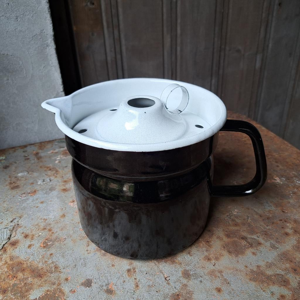Zwart emaille melkkan met deksel oude melkkoker *Etage3*, Gebruikt, ., Ophalen of Verzenden, .