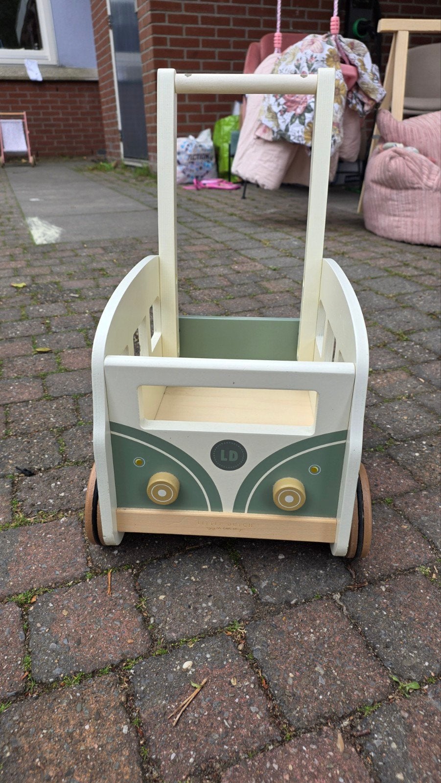 Houten loopwagen/poppenwagen in camperstijl, Ophalen, Gebruikt, Duw- of Trekspeelgoed