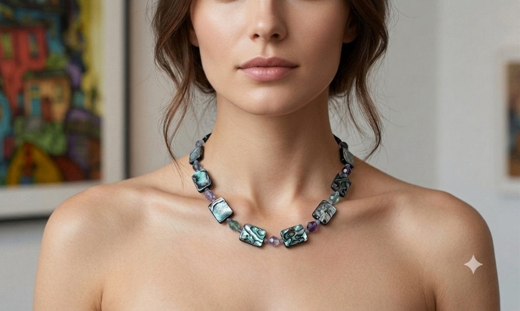 Prachtige Ketting Gefaceteerde Fluoriet & Abalone Zilver 925, Sieraden, Tassen en Uiterlijk, Kettingen, Nieuw, Ophalen of Verzenden