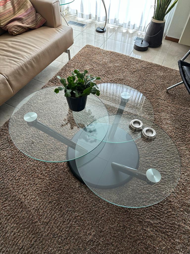 Moderne Glazen Ronde Bijzettafel met Draaibare Bladen, Huis en Inrichting, Tafels | Bijzettafels, Gebruikt, Rond, Glas, Ophalen