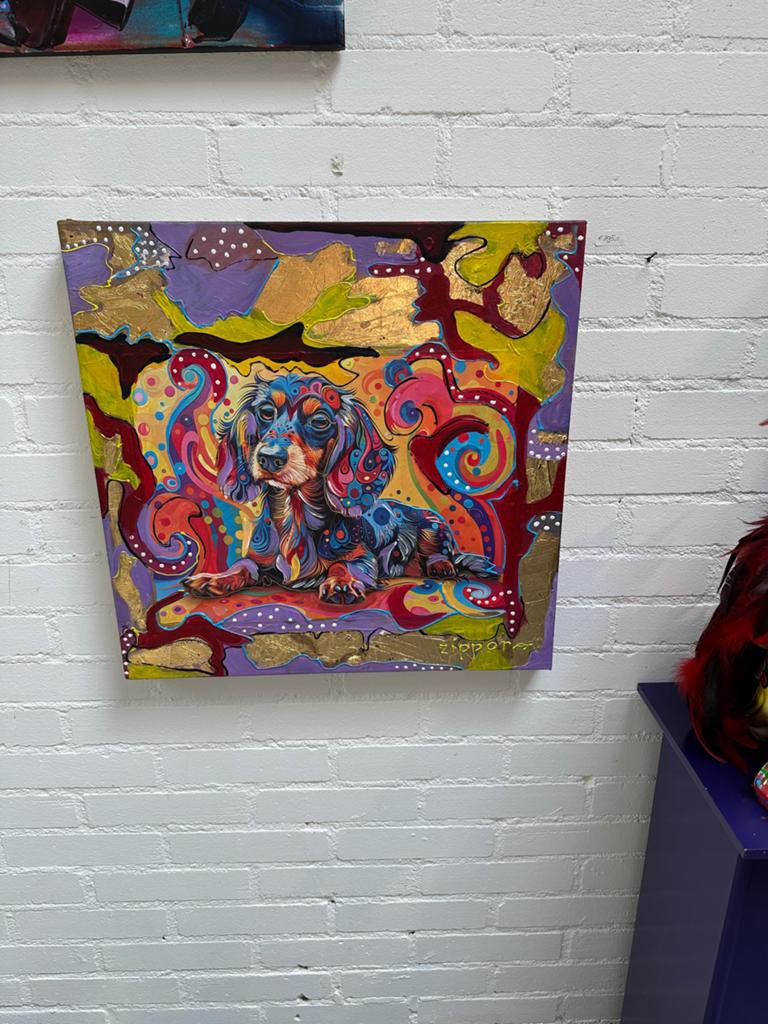 Kleurrijk Teckel Schilderij - Acryl & Mixed Media 50x50cm, Ophalen of Verzenden