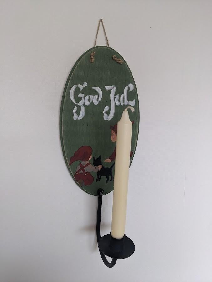 Vintage Zweedse houten wand kandelaar, Kerst, God Jul, Gebruikt, 25 tot 50 cm, Ophalen of Verzenden, Kandelaar