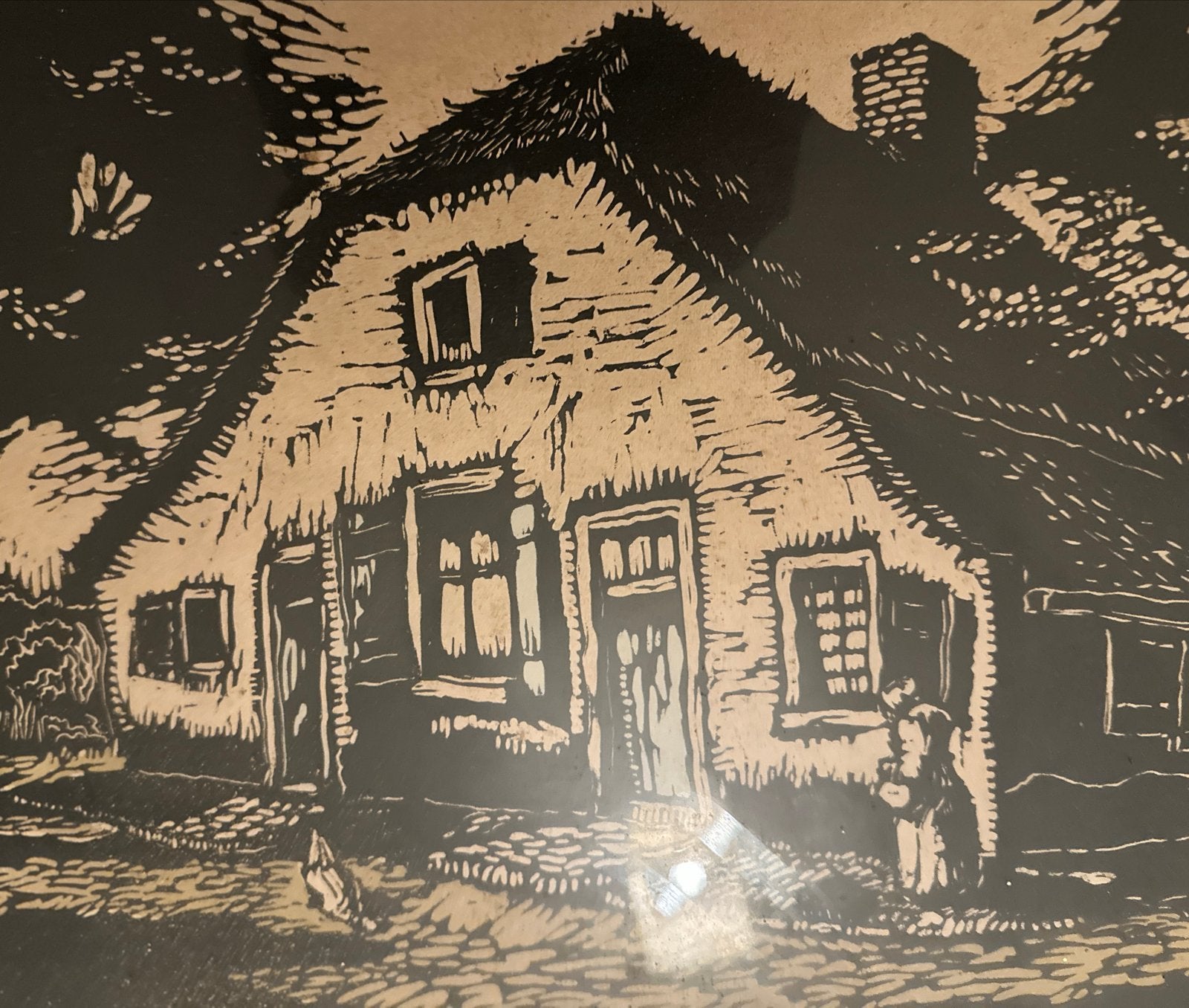Houtsnede Paul van Dam - Boerderij met rieten dak, Ophalen, Houtsnede, Gesigneerd, Landschap