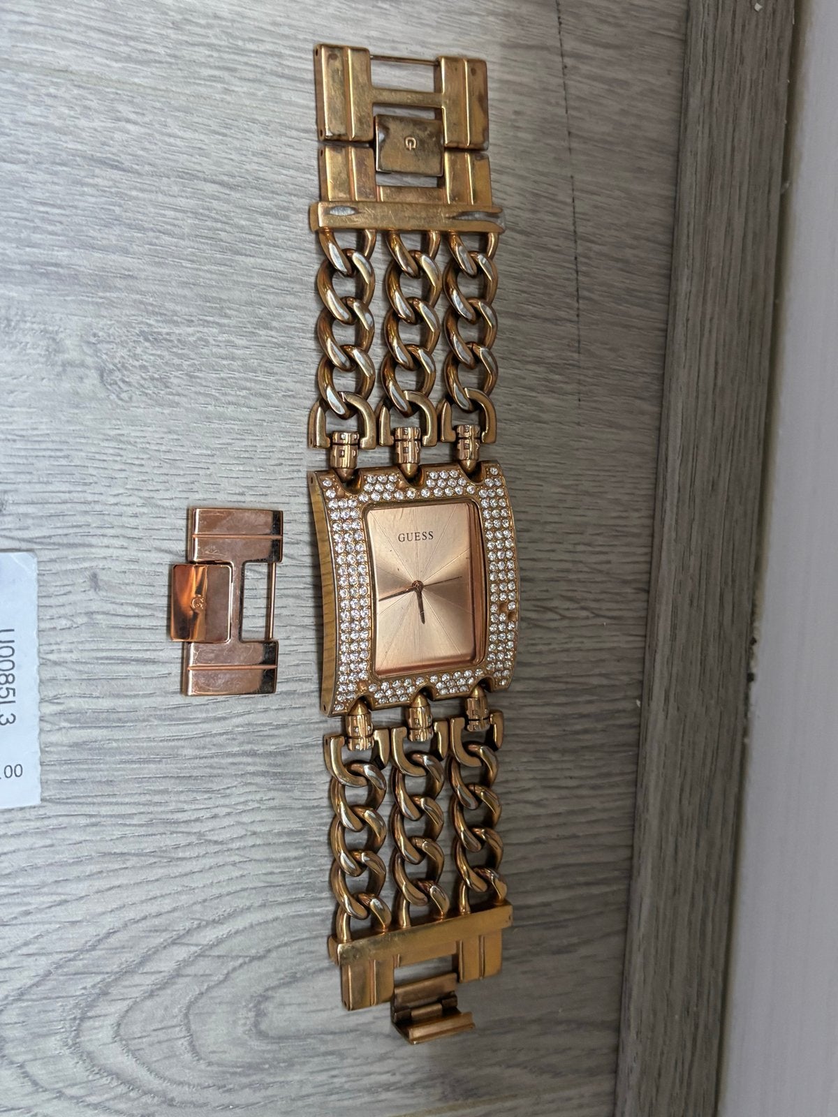 Guess dameshorloge met strass en schakelband, Gebruikt, Guess, Polshorloge, Ophalen of Verzenden