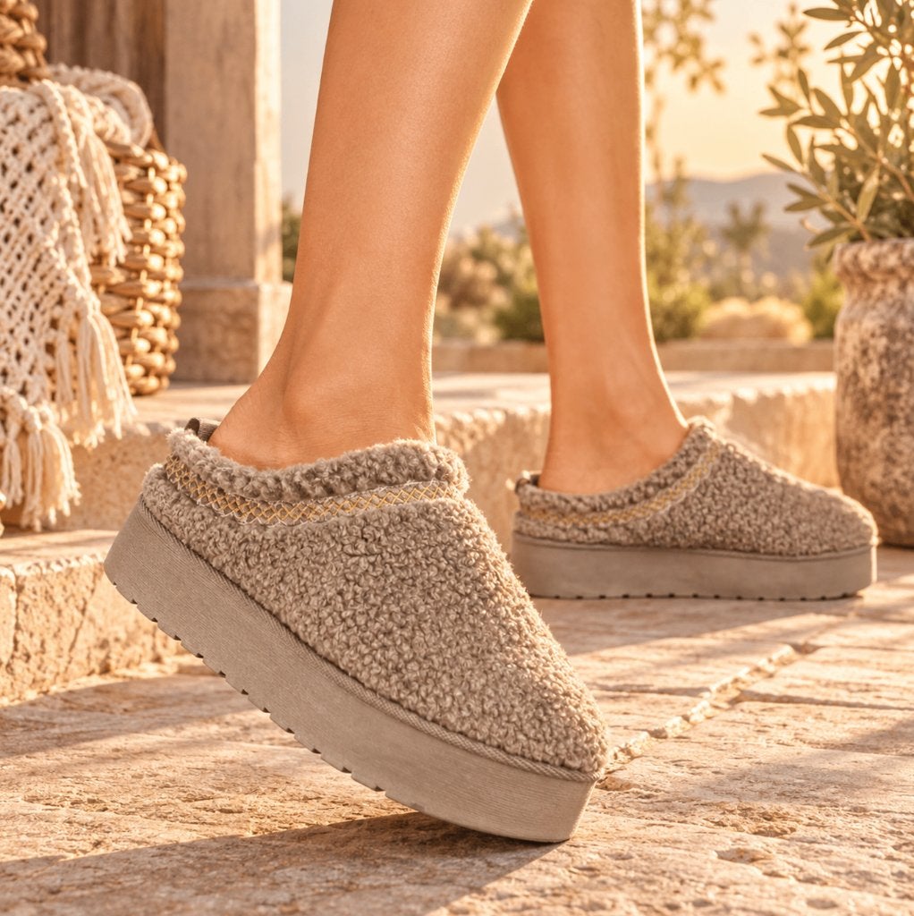 Warme Taupe Teddy Platform Sloffen / Instappers mt 37, Bruin, Nieuw, Ophalen of Verzenden, Pantoffels of Sloffen