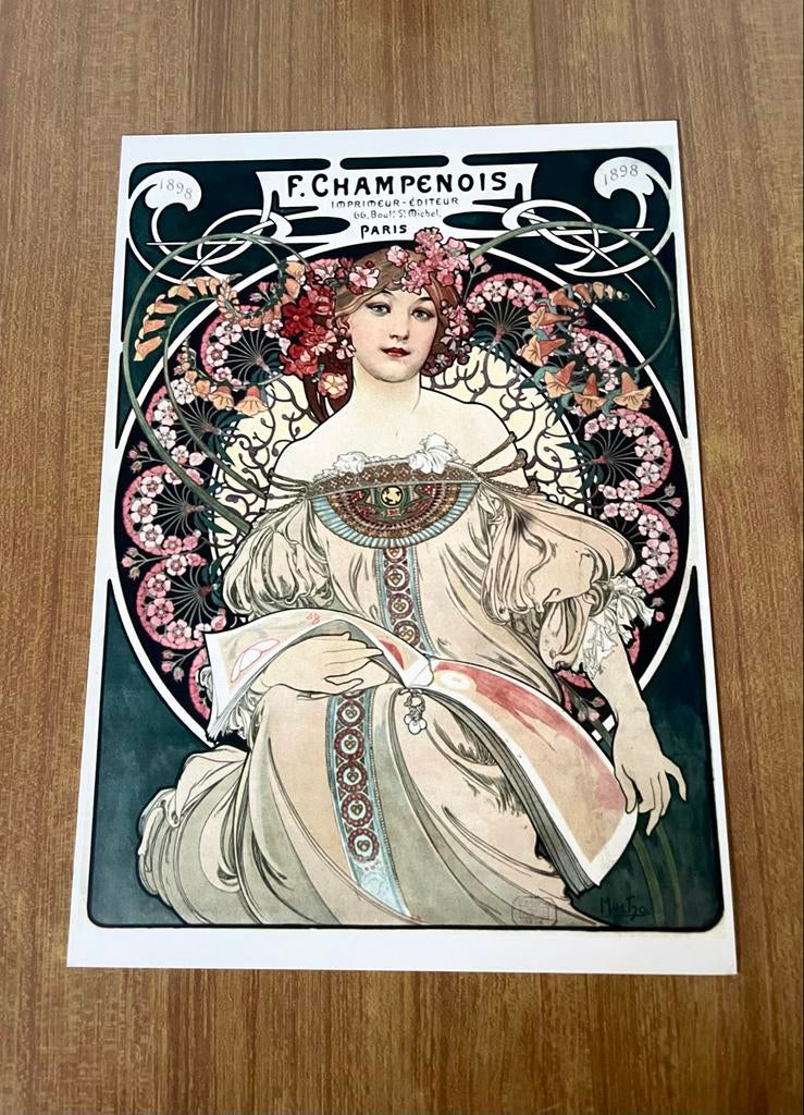 Print A4 - Alphonse Mucha 'F. Champenois' Art Nouveau Poster, Ophalen of Verzenden