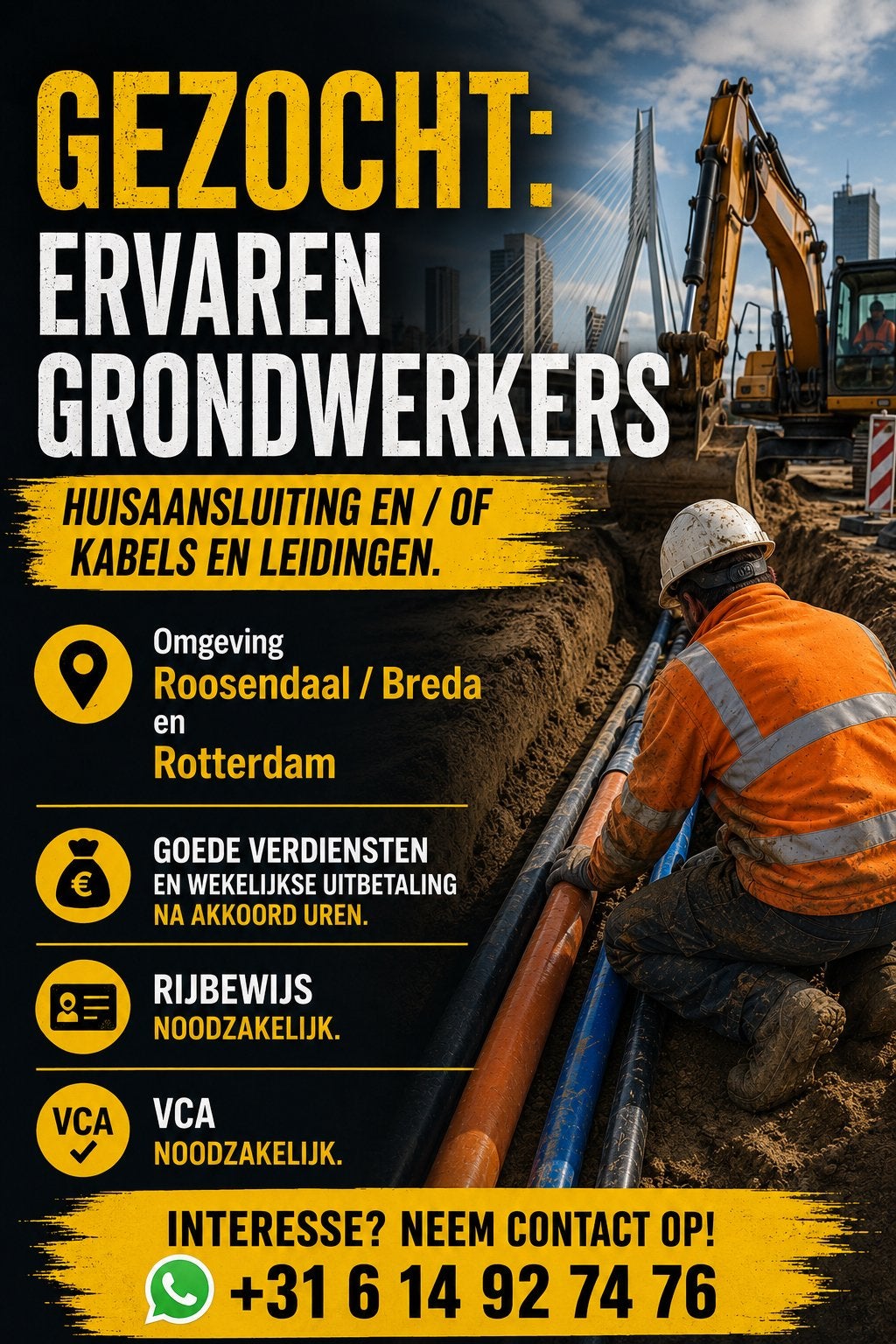 Gezocht: ervaren grondwerkers voor langere tijd, 33 - 40 uur, Freelance of Uitzendbasis