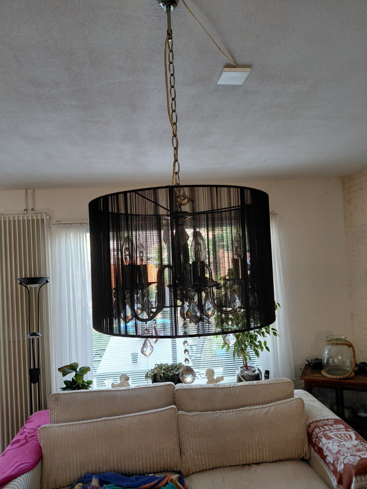 Mooie hanglamp met zwarte kap te koop., Ophalen, Zo goed als nieuw, Textiel, E14 (klein)