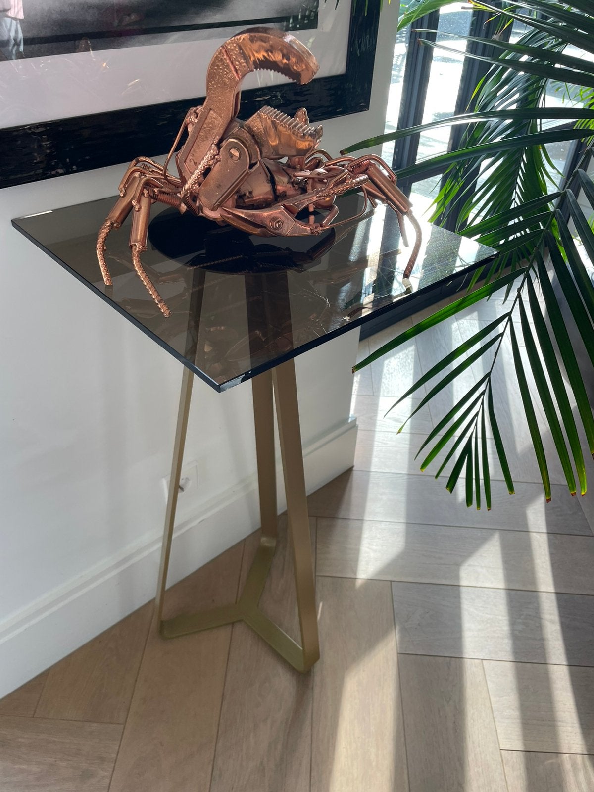 BIjzettafel messing kleurig onderstel en smoked glas, Ophalen, 50 tot 100 cm, 25 tot 50 cm, Glas