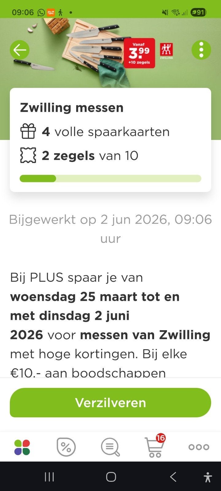 Zwilling messen van PLUS + 5 losse spaarkaarten, Ophalen of Verzenden, Nieuw, Rvs of Chroom