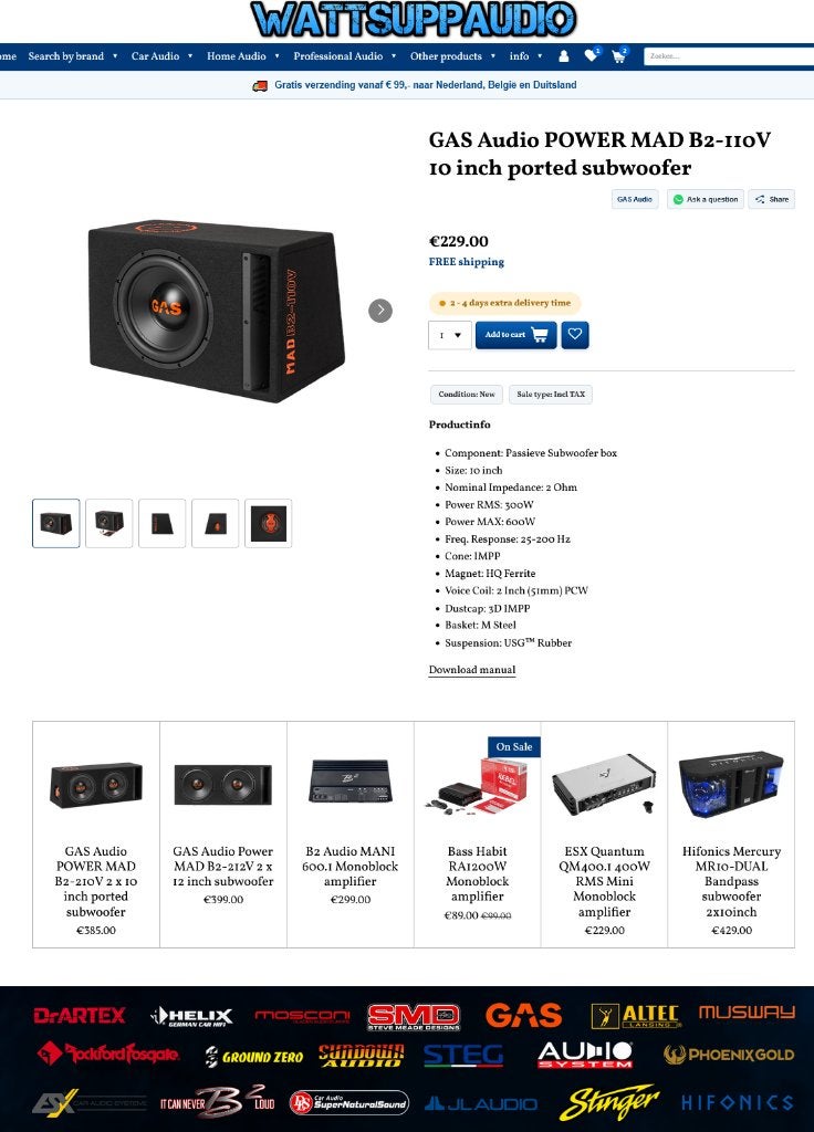GAS Audio POWER MAD B2-110V 10 inch ported subwoofer, Info@optimount.nl, Nieuw, Ophalen of Verzenden, Anholtseweg 48A 7091 HB DINXPERLO