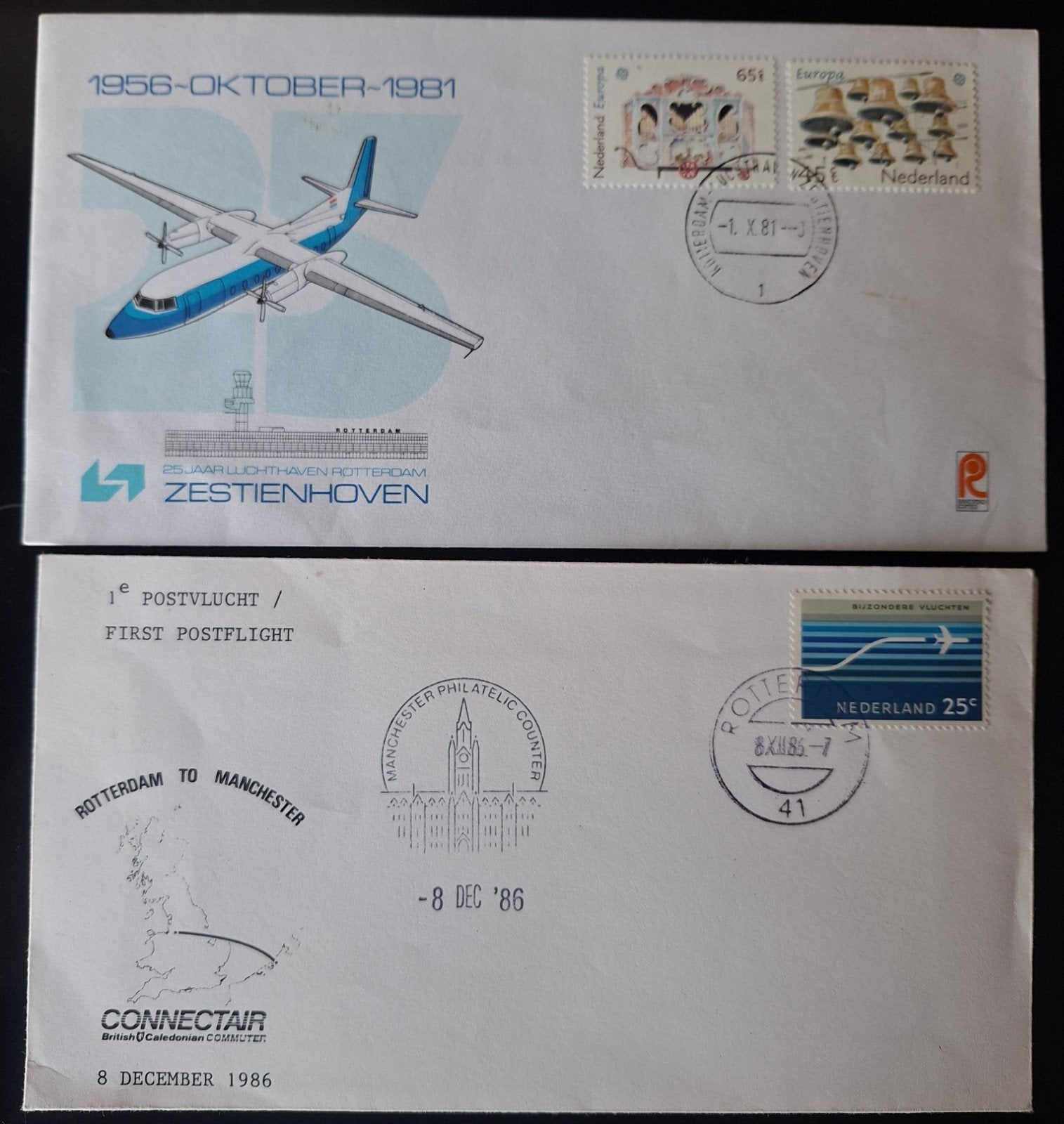 2 x eerste dag enveloppe Rotterdam Airport., Verzamelen, Ophalen of Verzenden, Kaart, Foto of Prent