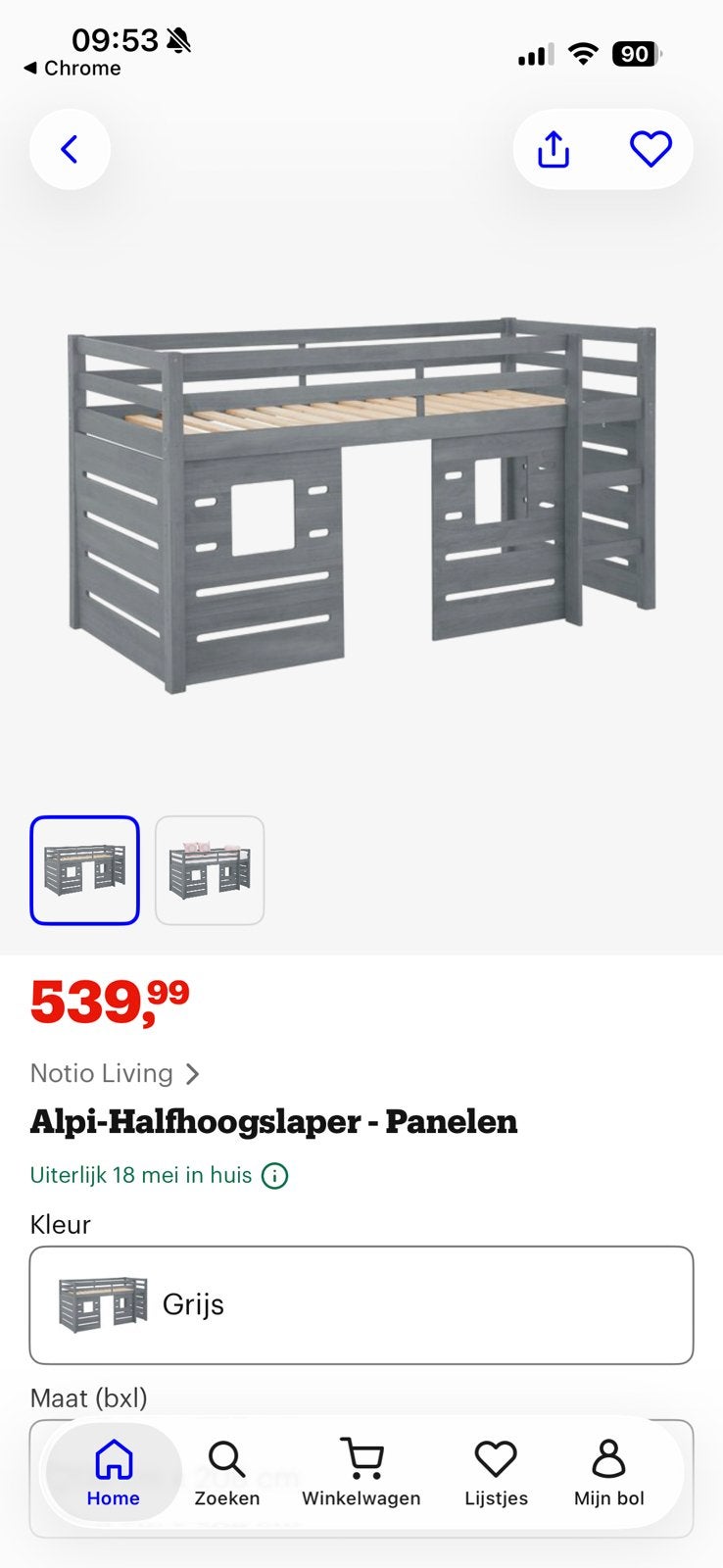 Half hoogslaper kinderbed, Ophalen, Eenpersoons, 90 cm, Hoogslaper