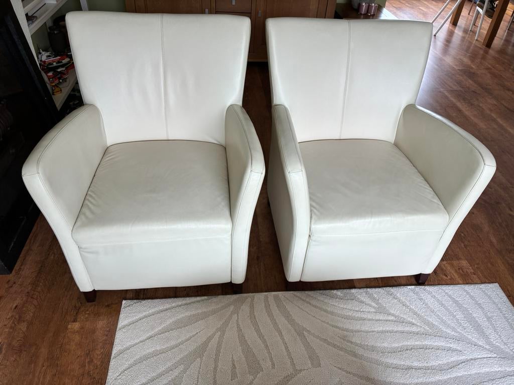 2 Leren Lederen fauteuils stoelen kleur roomwit, Huis en Inrichting, Fauteuils, Ophalen, Gebruikt, Minder dan 75 cm, Leer