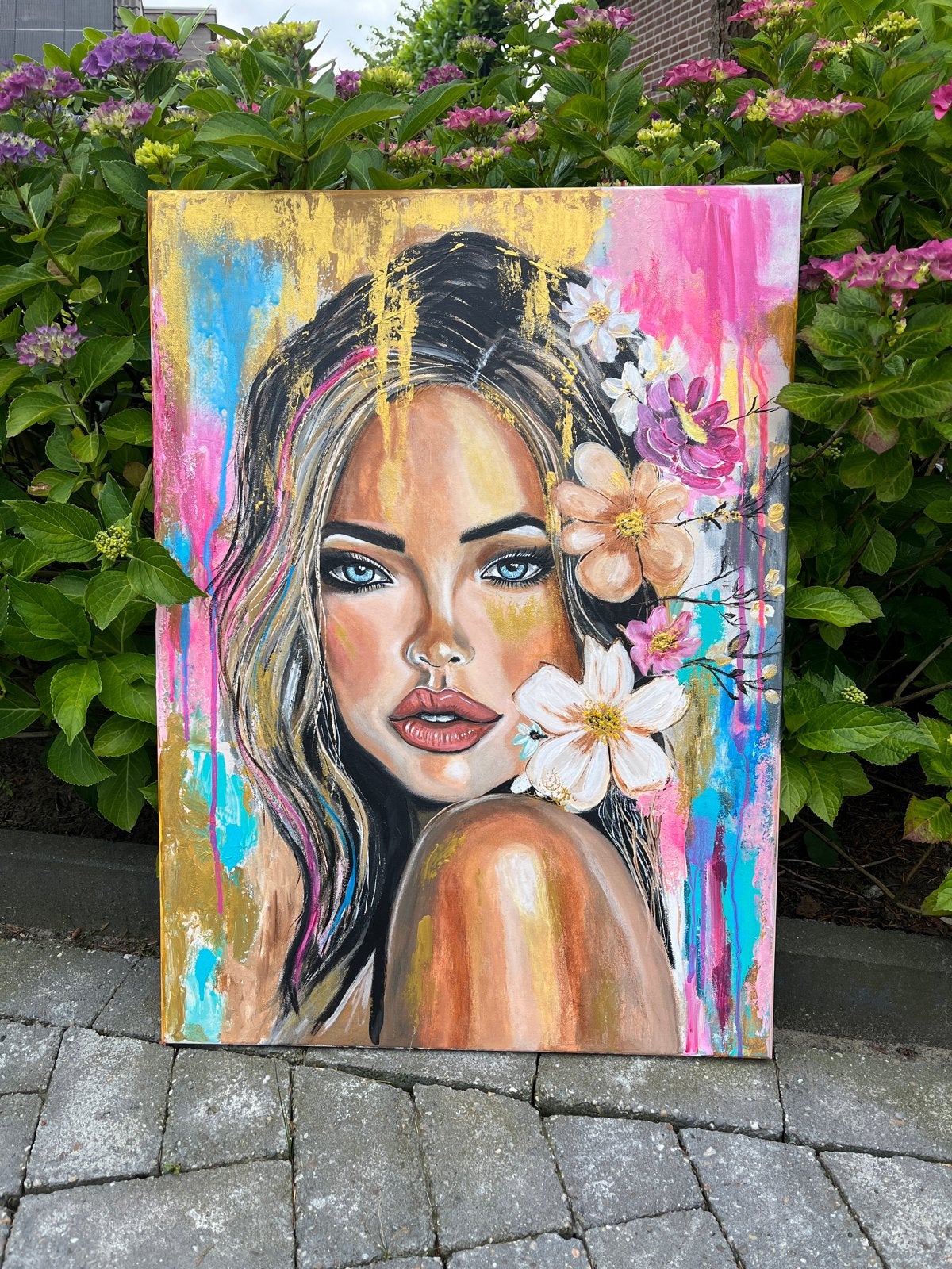 Schilderij Vrouw met Bloemen - Handgeschilderd, Acrylverf, Ophalen of Verzenden, Gesigneerd, Portret