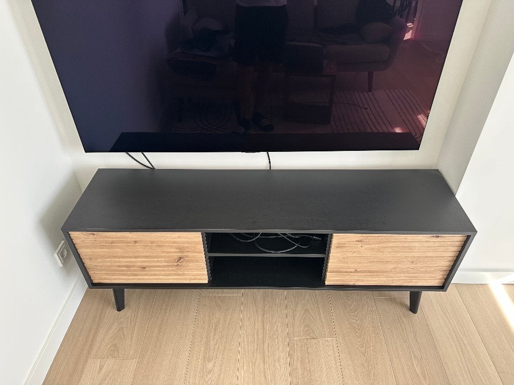 Meubella - TV-Meubel Palladium - Eiken - Zwart - 154 cm, Ophalen, Modern, Scandinavisch, 150 tot 200 cm, Minder dan 100 cm