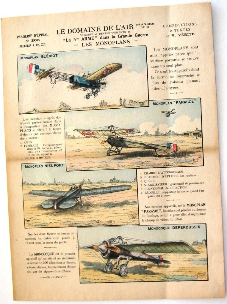 Les Monoplans 1917 Le Domaine de l'Air Lithografie Vliegtuig, Ophalen of Verzenden