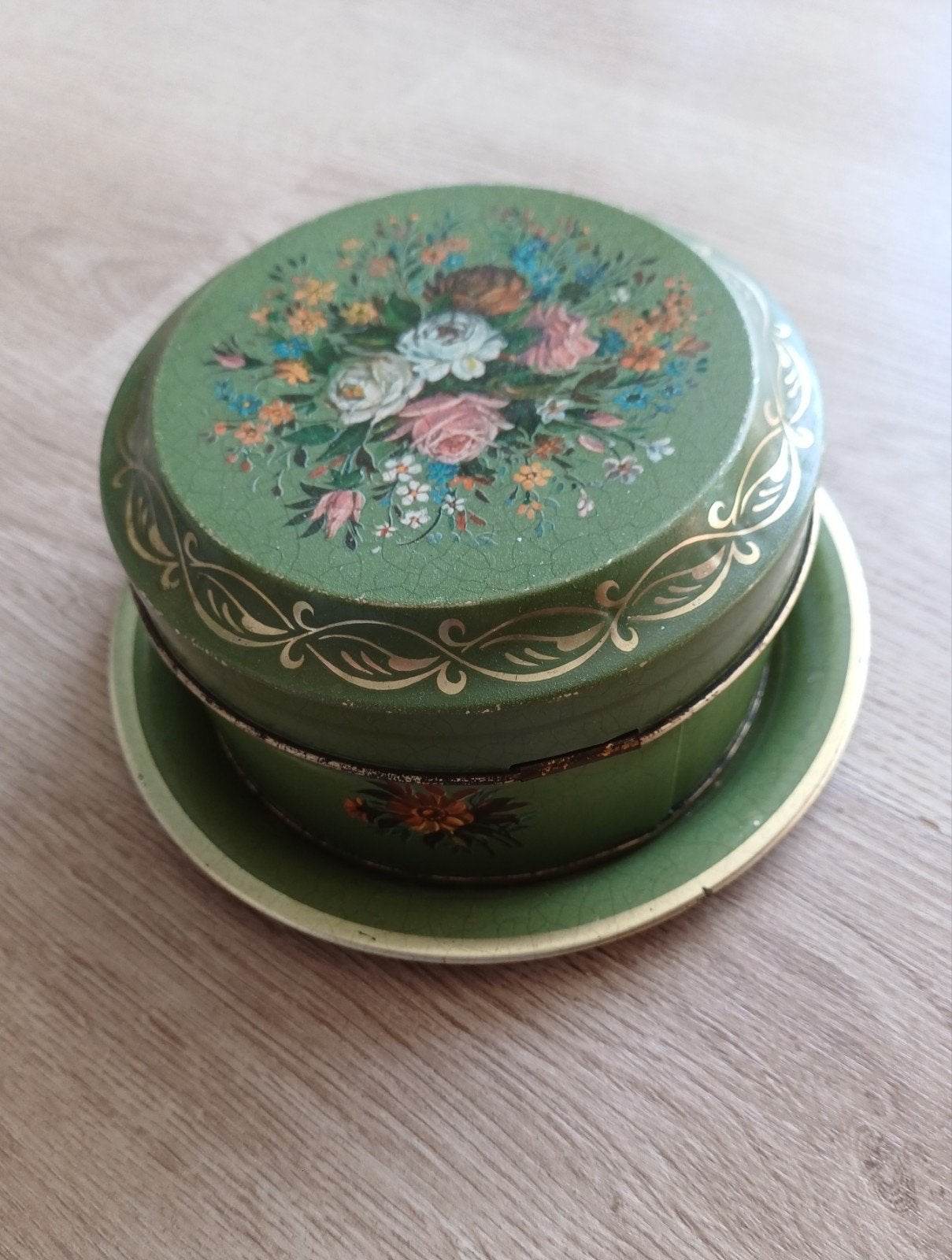 Vintage Groene Blikken Doos met Bloemenpatroon, Ophalen of Verzenden