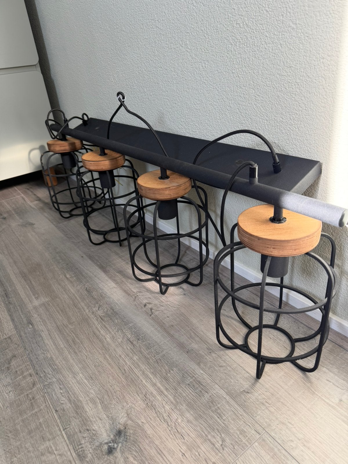 Industriële hanglamp incl fittingen, Ophalen of Verzenden, Zo goed als nieuw, Hout, E27 (groot)