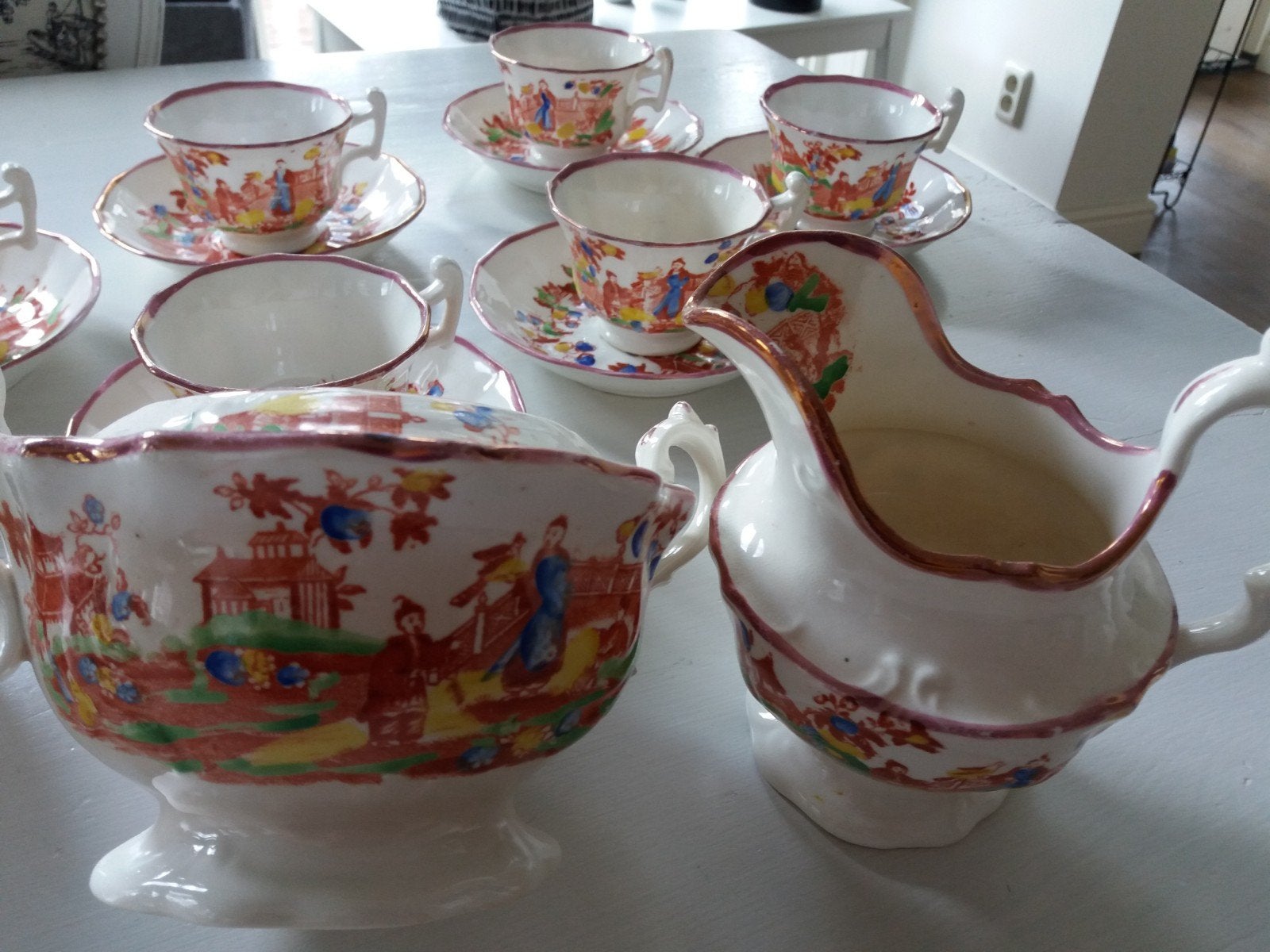 Antiek theeservies met oosters decor - 6 kop en schotels, Antiek en Kunst, Ophalen