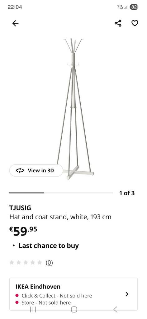 IKEA TJUSIG Staande Kapstok – Wit – 193 cm – Moderne, Ophalen of Verzenden, Zo goed als nieuw, Metaal, Staande kapstok