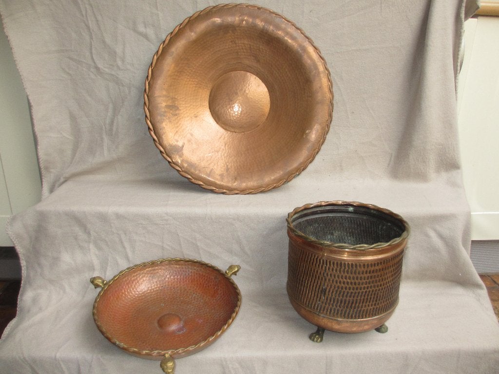 Roodkoperen schalen en bloempot met fraai gedraaid draad, Antiek en Kunst, Ophalen of Verzenden, Koper