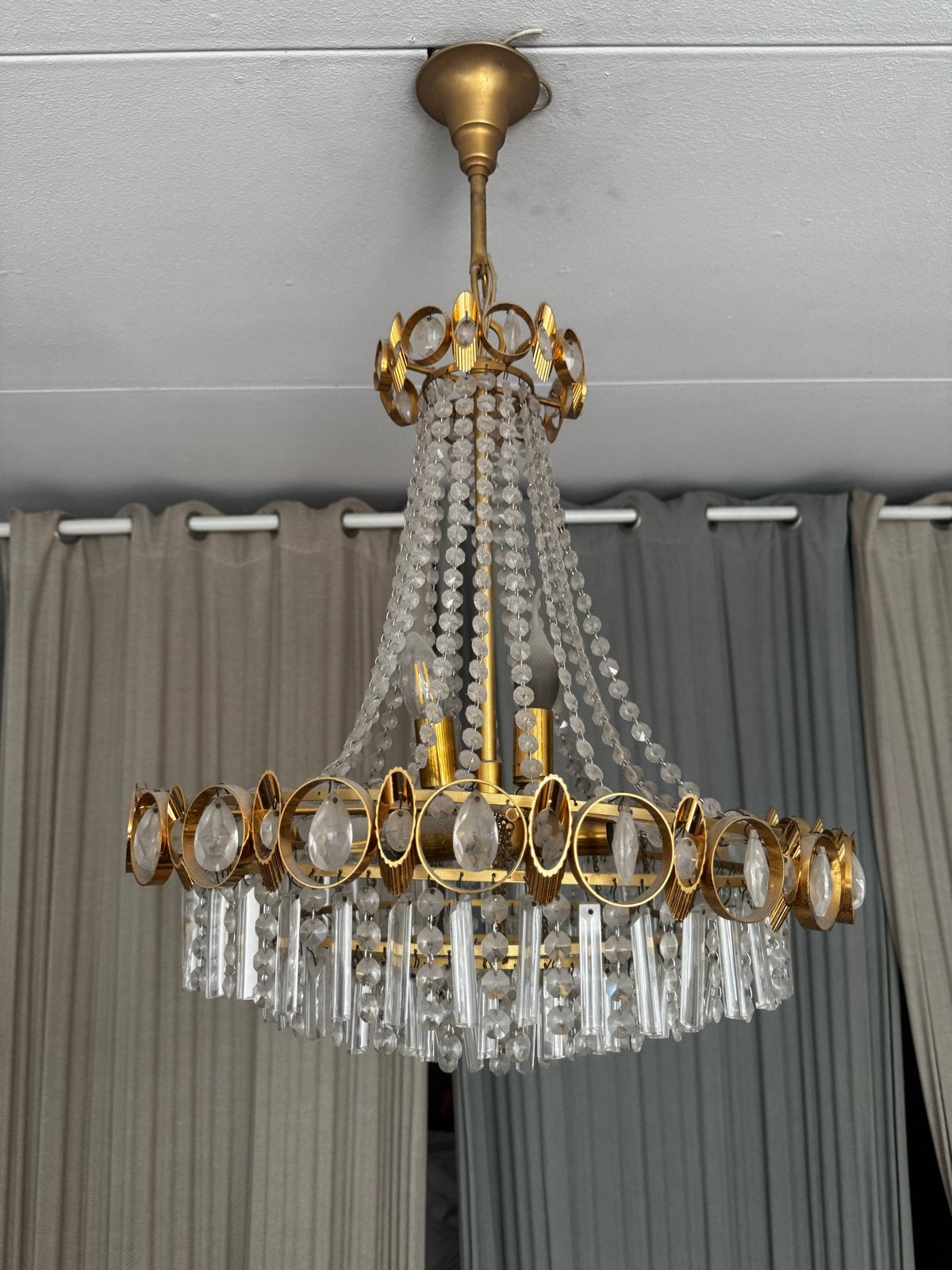 Vintage Gouden Kroonluchter met Kristallen, Ophalen, Gebruikt, E14 (klein), Nvt