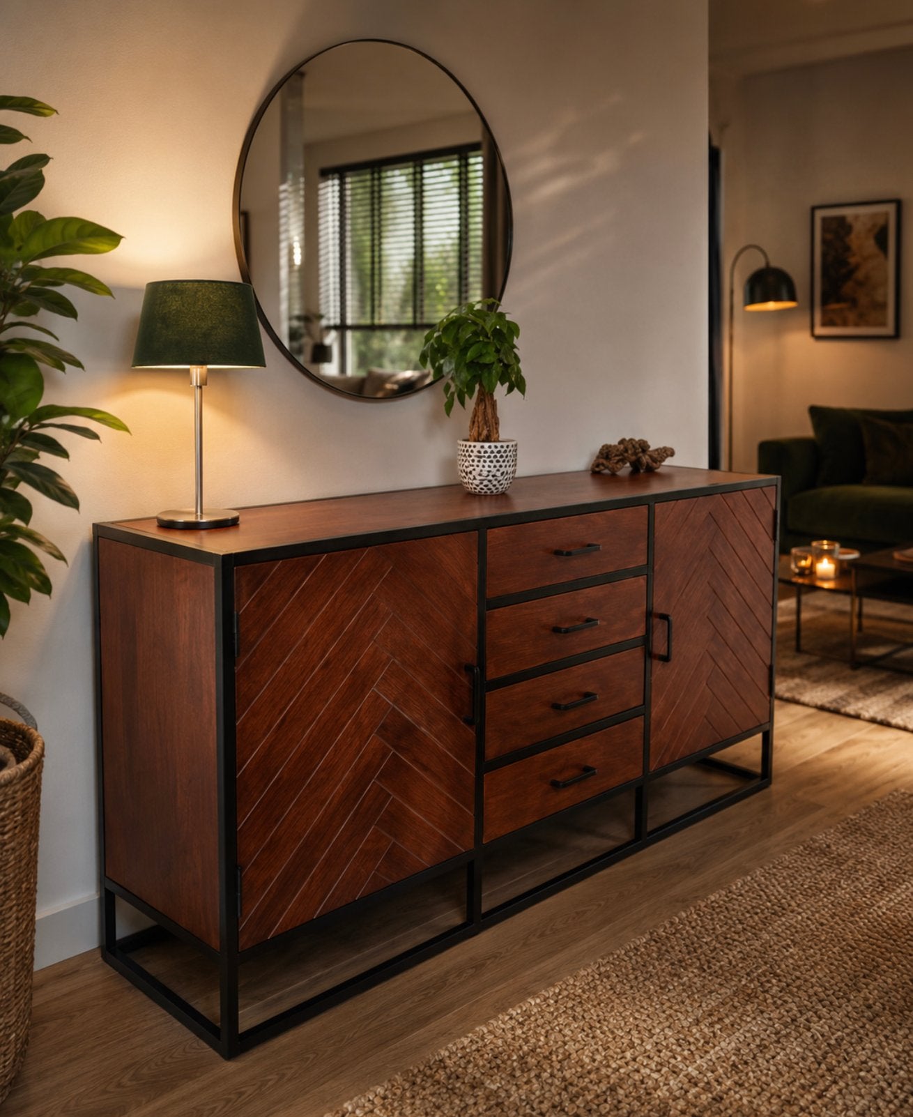 Dressoir kast visgraat mangohout 160cm walnoot, Ophalen, Zo goed als nieuw, 25 tot 50 cm, 150 tot 200 cm