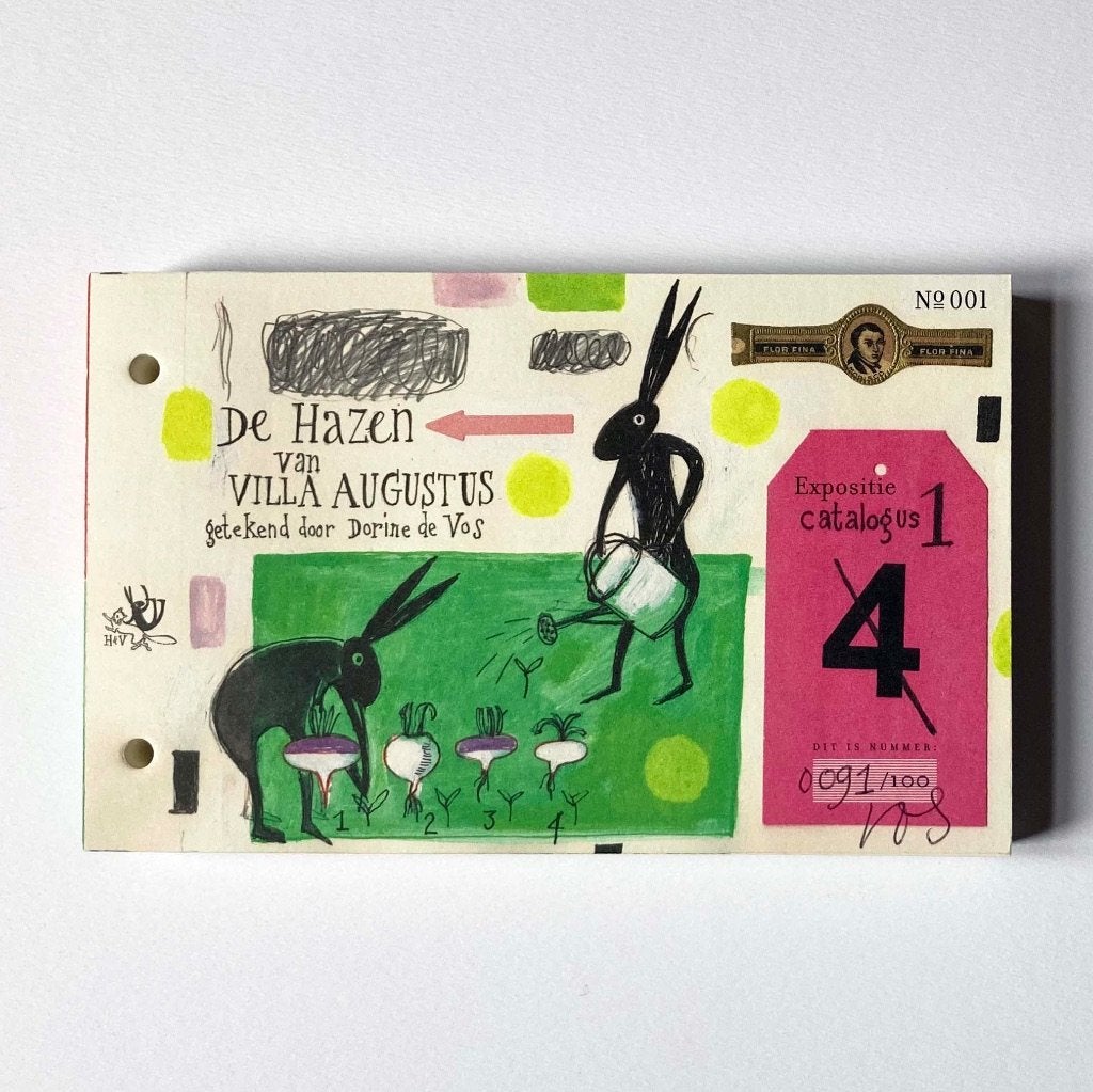 ‘De hazen van Villa Augustus’ genummerd + gesigneerd, Dorine de Vos, Nieuw, Ophalen of Verzenden, Schilder- en Tekenkunst