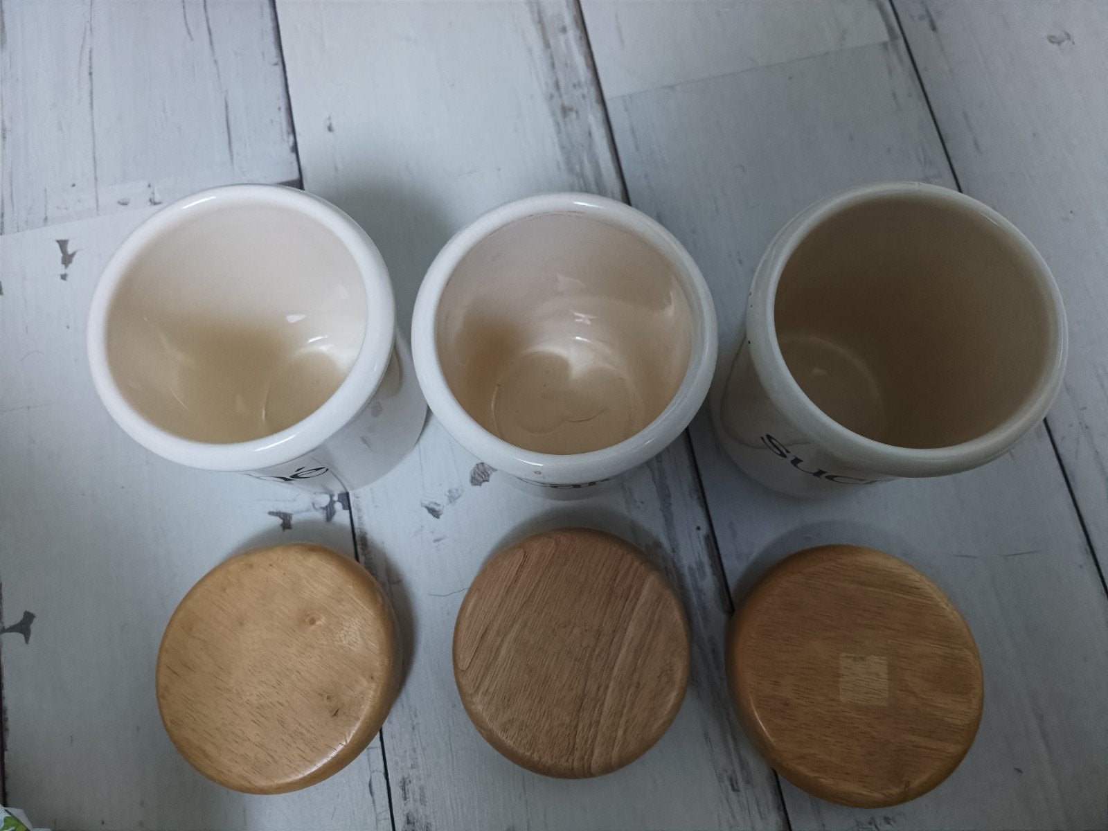 Set van 3 voorraadpotten: thee, koffie en suiker, Huis en Inrichting, Beige, Gebruikt, Hout, Ophalen of Verzenden