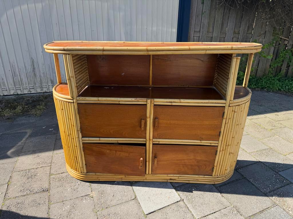 Vintage bamboe bar met houten blad en opbergruimte, Ophalen of Verzenden, Gebruikt
