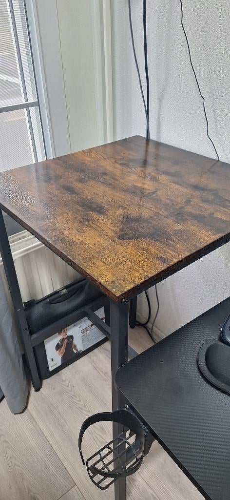 Hoge tafel met houtlook blad en zwarte frame, Huis en Inrichting, Tafels | Statafels, Ophalen, Zo goed als nieuw