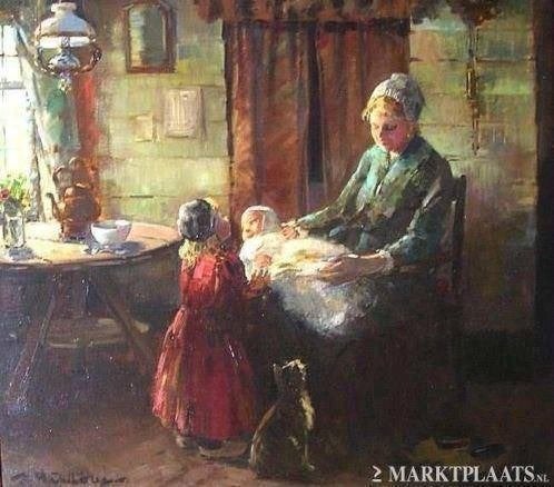 moeder met kinderen == == DAAN MUEHLHAUS 1907-1981==, Antiek en Kunst, Kunst | Schilderijen | Klassiek, Ophalen