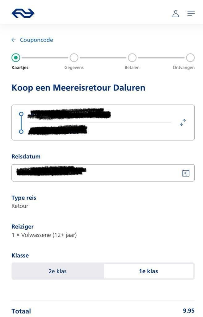 NS-meereisretour daluren eerste klas trein kaartje code, Tickets en Kaartjes, Eén persoon, Trein, Nederland, Overige typen