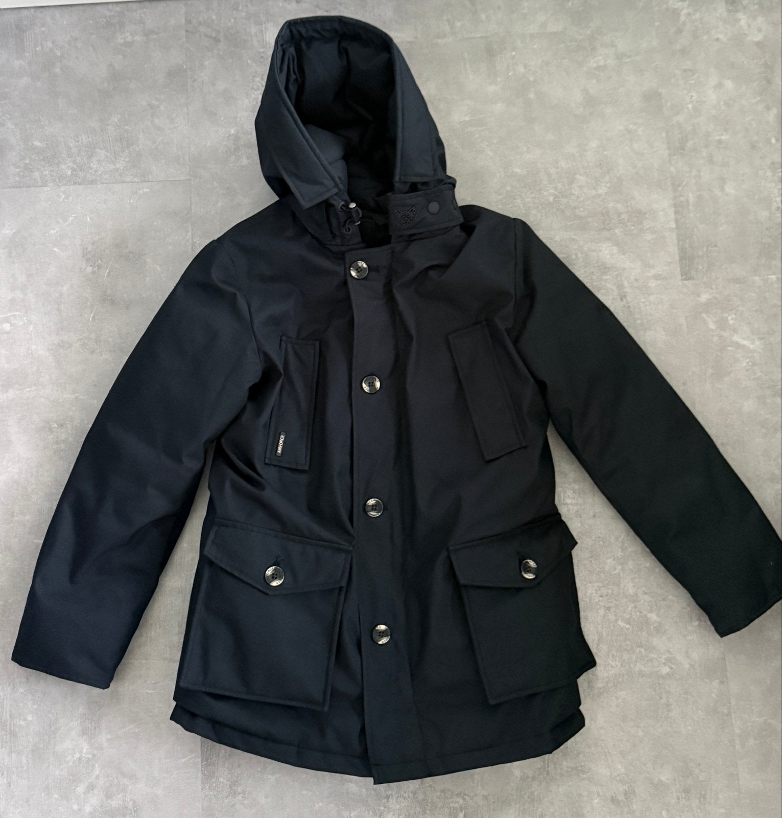 Airforce Zwarte Winterjas met Capuchon - Maat 140 jongen, Kinderen en Baby's, Kinderkleding | Maat 140, Ophalen of Verzenden, Zo goed als nieuw