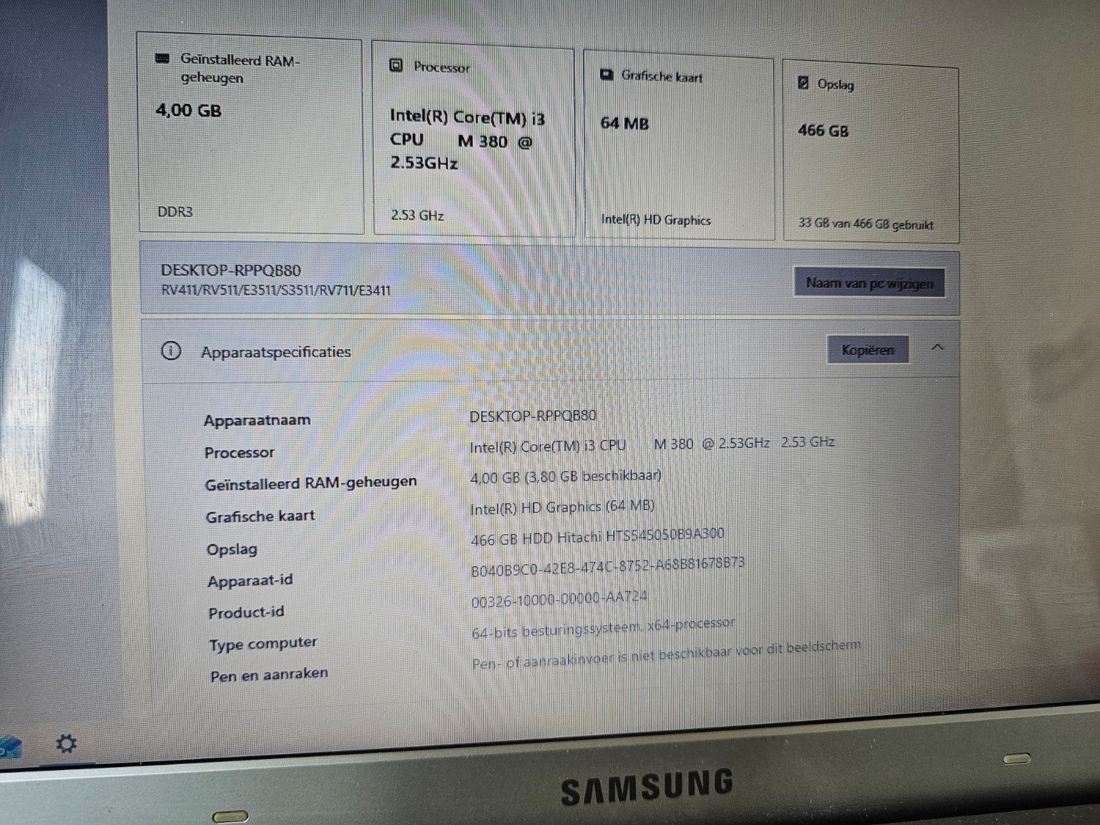 Samsung RV711 Laptop - Intel Core i3, 4GB RAM, 466GB HDD, Gebruikt, HDD, 2 tot 3 Ghz, Qwerty
