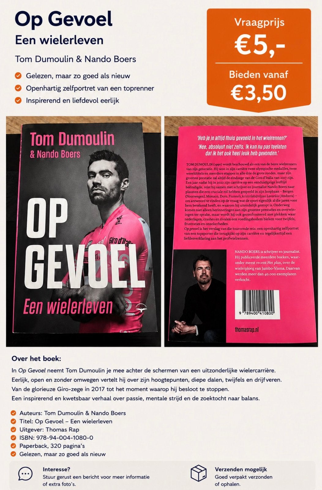 Op Gevoel: Een wielerleven - Tom Dumoulin & Nando Boers, Ophalen of Verzenden, Gelezen