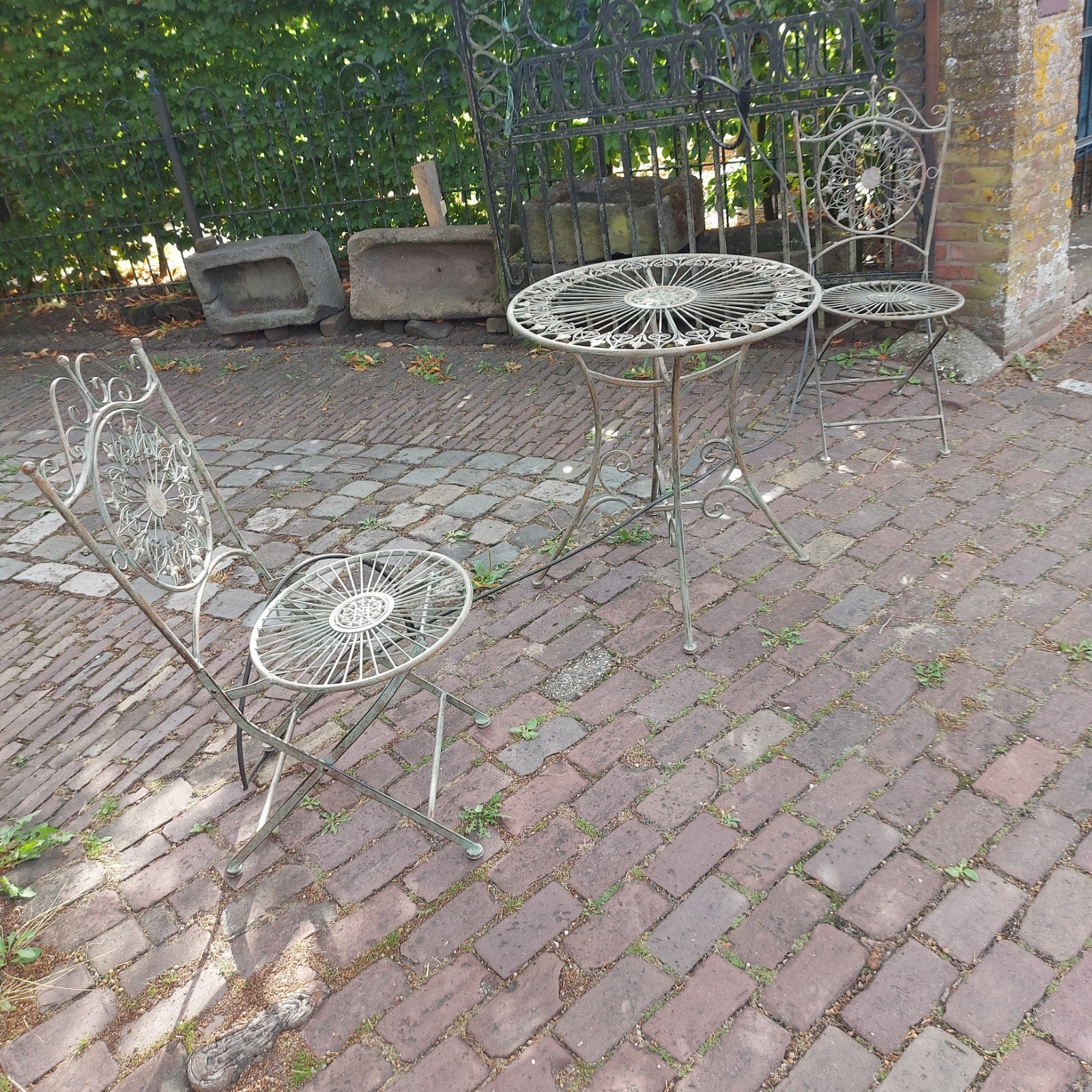 smeedijzer EXCLUSIEF verzinkt tafel + 2 stoelen, Tuin en Terras, Ophalen, Overige materialen