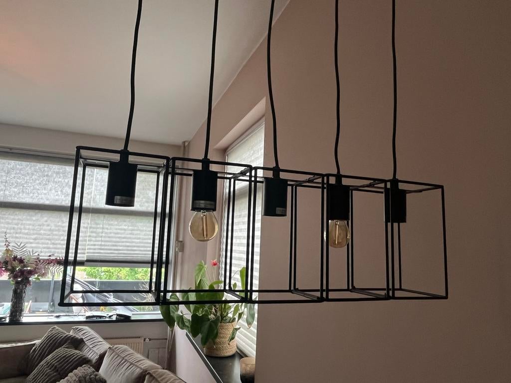 Zwarte verstelbare hanglamp met 4 kooilampen, Ophalen, Gebruikt, Metaal, 75 cm of meer