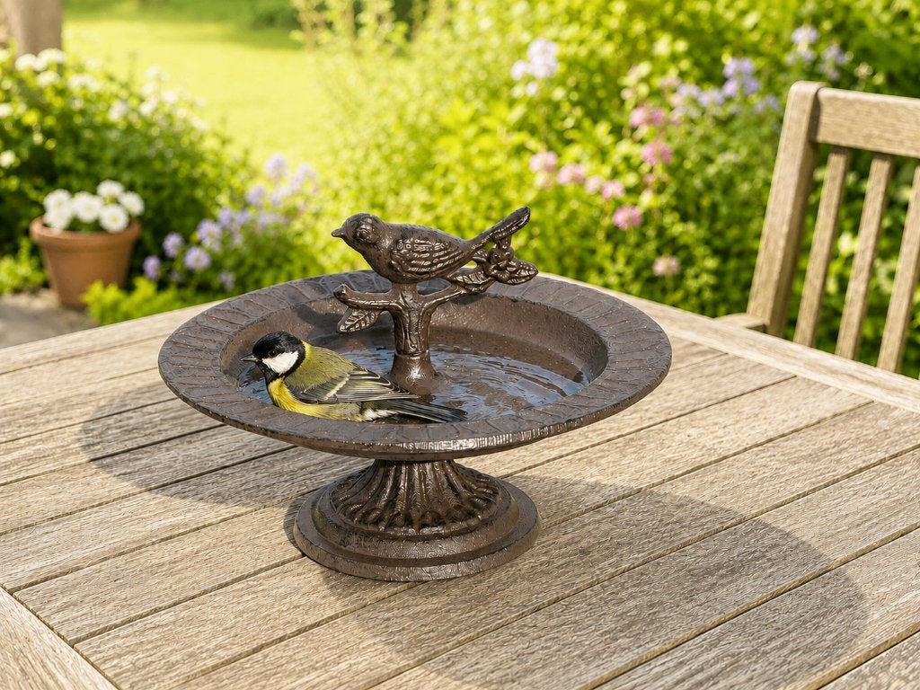 VOGELDRINKSCHAAL / DRINKSCHAAL / gietijzer / 14 cm hoog, Nieuw, Info@huisentuindecoratiemarie.nl, Huis en tuin decoratie marie