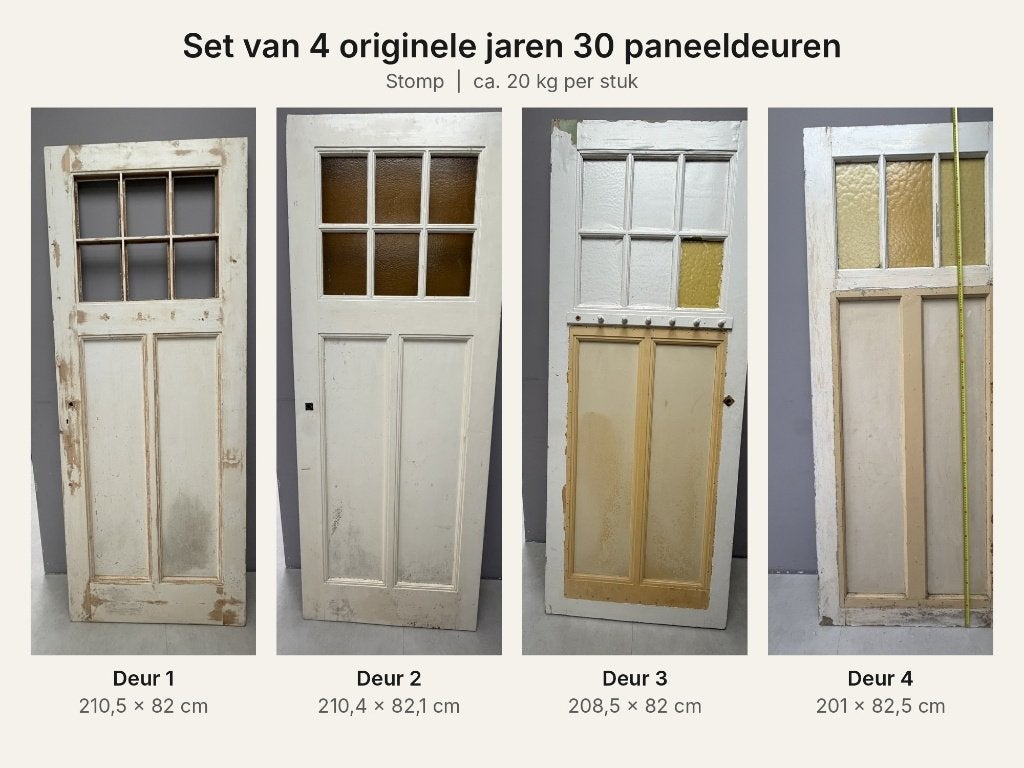 set van 4 originele jaren 30 paneeldeuren met glas | stomp, Ophalen, Gebruikt, 80 tot 100 cm, Binnendeur