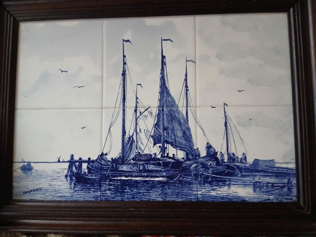 Delfts blauw tegeltableau met vissersschepen, Ophalen of Verzenden