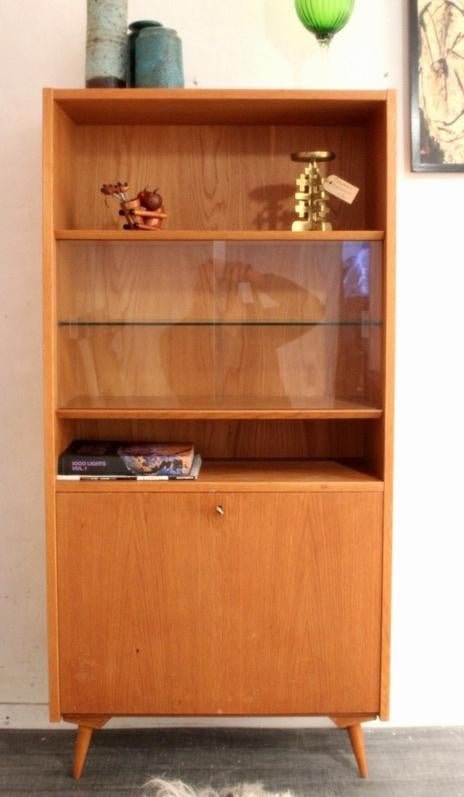 Sixties mid century vintage kast / meubel + vitrine gedeelte, Huis en Inrichting, Kasten | Vitrinekasten, Gebruikt, -, -, Eikenhout
